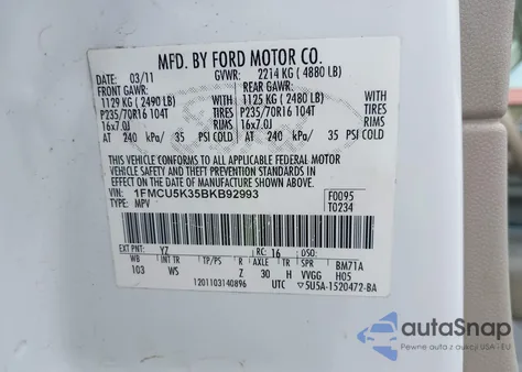 2011 Ford Escape Hybrid z USA, uszkodzony, nr VIN 1FMCU5K35BKB92993